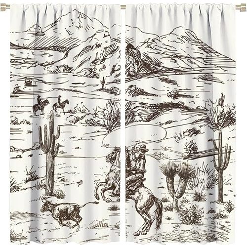 Vintage Western Cowboy Rod Pocket Curtains for Bedroom - Abstract Hand-painted Native American Wild West Desert Cowboy Window Treatment,Energy Saving Blackout Curtains 2 Panels 72"L x 31.5"W