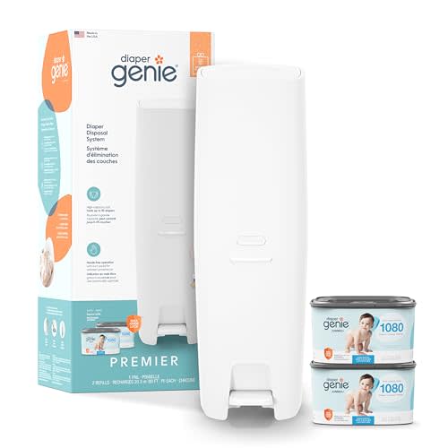 Diaper Genie Premier Diaper Pail Gift Set | Hands-Free Odor Control with Foot Pedal | High-Capacity Diaper Trash Can | Includes 2 Jumbo+ Refills (Holding up to 2,160 Newborn Diapers)