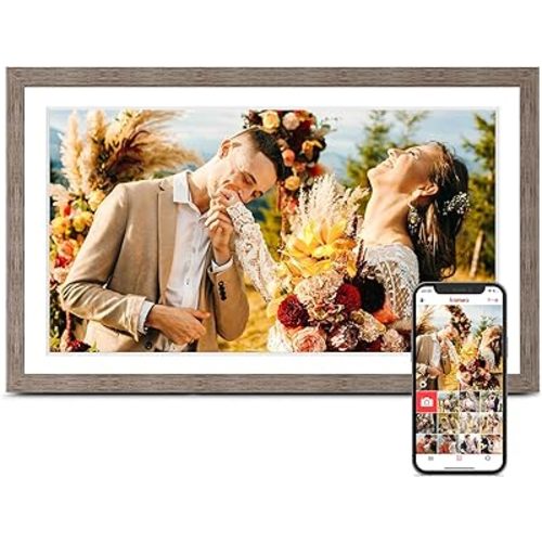 Digital Picture Frame 15.6 Inch, Large WIFI Digital Photo Frame Frameo,Electric Slideshow Frame, 1920 * 1080 IPS FHD Touchscreen, 32GB, Tabletop&Wall-Mounted, Share Video Picture, Wedding Gift, Greige