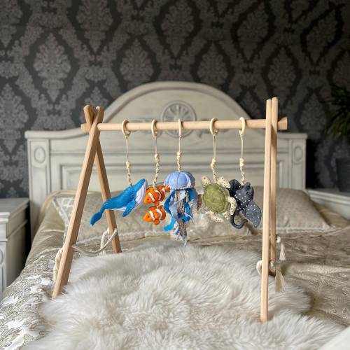 Baby Play Gym| Wooden Baby Play Frame| Baby Gym Set Toys| Toddler Activity Center| Foldable Frame| Hanging Sensory Toys| Ocean Theme Gift
