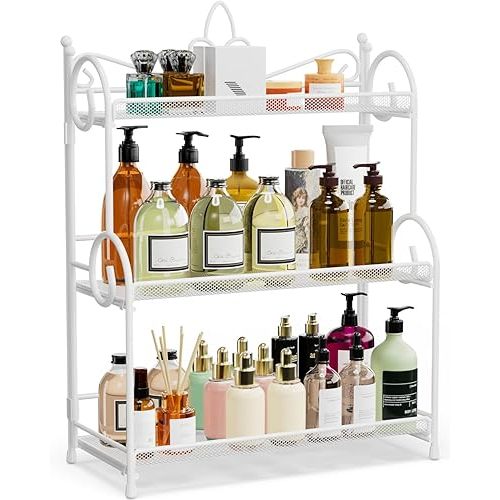 Bathroom Counter Organizer - Spice Rack Countertop 3 Tier Counter Shelf Organizer for Bathroom Kitchen Bedroom Foldable White
