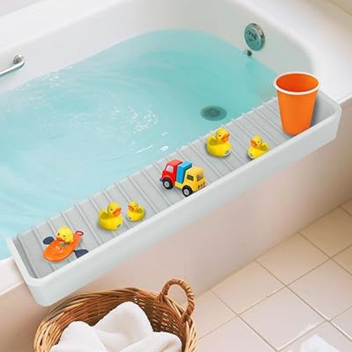 Bathtub Splash Guard for Kids – 31.5 Inch Silicone Tub Ledge Shelf with Suction Cups, Keeps Bath Toys Organized & Bathroom Floors Dry, Safe Anti-Slip Water Guard for Toddlers, Grey