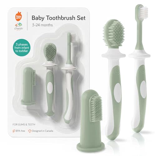 Cherish Baby Care Baby Toothbrush Set 0-2 Years - Silicone (Sage Green) | Award-Winning: BPA-free, safety-tested food-grade silicone infant toothbrush set for babies 6 to 24 months.