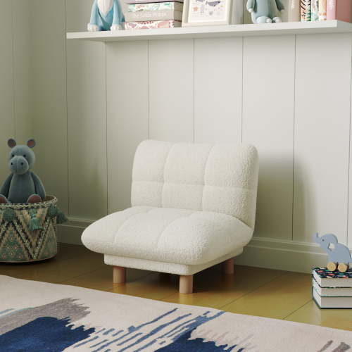 Buzz & Bloom Kids Faux Shearling Cushioned Accent Chair with Solid Wood Legs, Marshmallow