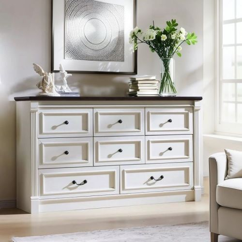 Sincido 8 Drawers Dresser for Bedroom, Farmhouse 61" Wide Tall Dressers w/Roman Column, White