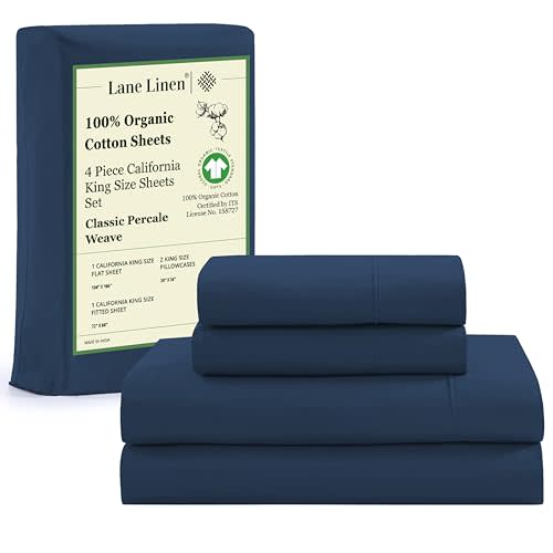 LANE LINEN 100% Organic Cotton Sheets for California King Size Bed - Soft Percale Sheets, Breathable Luxury Hotel Style Fully Elasticized Mercerized 15" Deep Pocket Cal King Sheet Set- Estate Blue