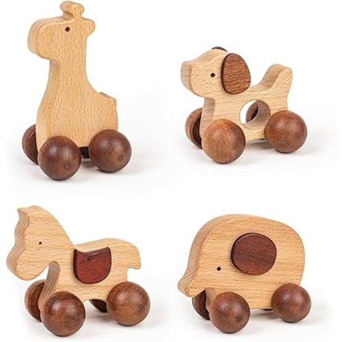Wooden Push Car Toy Set – 4PCS Montessori Wooden Cars for Kids Age 3+ | Push & Pull Animal Toy Cars (Puppy, Elephant, Pony, Giraffe) | Safe Wooden Baby Toys Gift