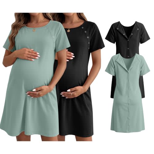 Huukeay 2 Pack Labor and Delivery Hospital Gown | Women Nursing Birthing Maternity Dress, 3 In1 Breastfeeding Nightgown, Buttons Short Sleeve Pjs Robe, Sleepwear