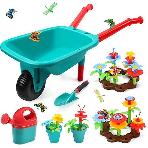 CUTE STONE Kids Gardening Tool Set, Garden Toys with Wheelbarrow, Watering Can, Shovel, Flower Garden Building Toy, Pretend Play Outdoor Indoor Activities Stem Toy Gifts for Boys Girls