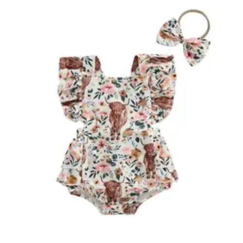 Canrulo Western Baby Girl Summer Clothes Cow Print Ruffled Sleeveless Romper Onesie Bodysuit with Headband Outfit - TikTok Shop
