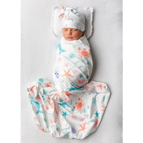 Newborn Swaddle Sets with Headband Beanie and a Name Card Baby Snug Wrap Receiving Blanket for Baby Boys Girls (Blue and Pink Fish)