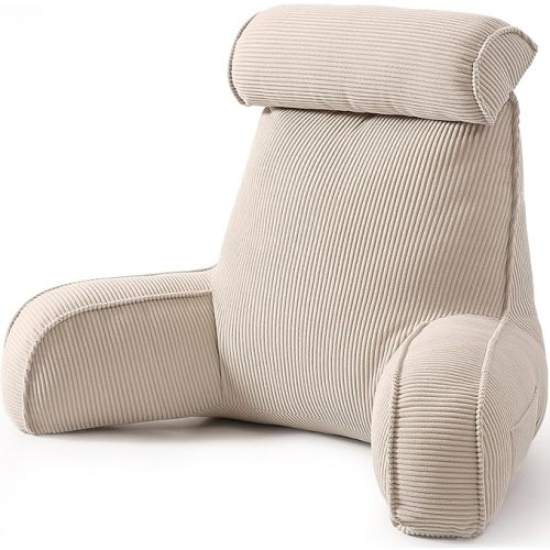 Reading Pillow for Sitting Up in Bed, Corduroy Backrest Pillow with Arms, Side Pocket & Washable Cover, Bed Rest Pillow Back Support for Adults, Beige Gray