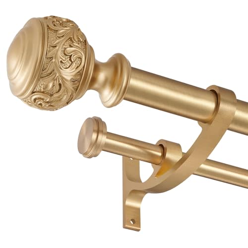 Double Curtain Rod, 1 inch Window Telescoping Drapery Double Rod 36 to 72 Inches (3-6 Feet), Classical Ball Finials,Premium Aluminum Brackets,Warm Gold