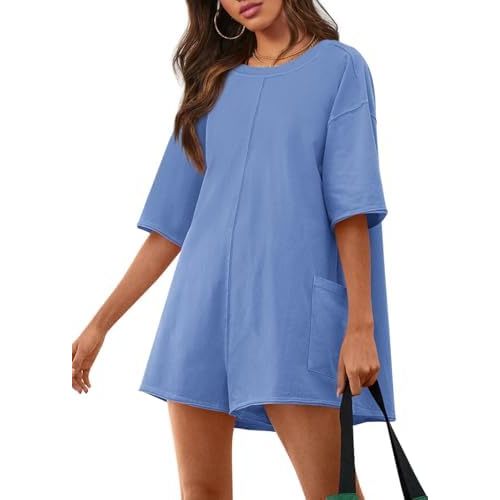 Yousify Rompers for Women 2025 Summer Athletic Oversized Romper Short Sleeve Jumpsuit with Pockets