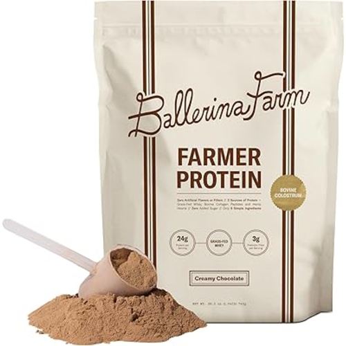 Ballerina Farm Grass Fed Whey Protein Powder Creamy Chocolate, 24g Protein with Collagen Peptides, Bovine Colostrum, Hemp Hearts, Prebiotic Fiber, No Added Sugar or Artificial Ingredients, 20 Servings
