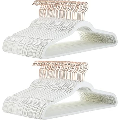 Amazon Basics Slim, Velvet, Non-Slip Suit Clothes Hangers, Ivory/Rose Gold - Pack of 100