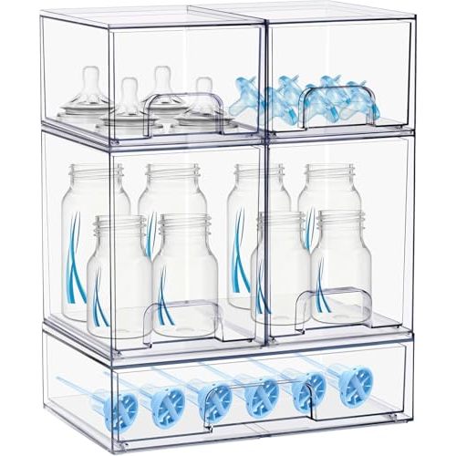 Stowgo Baby Bottle Organizer, 5 Pack Stackable Storage Dust-proof Drawers, Clear Plastic Bottle Station Organizer for Countertop & Cabinet, Pacifier and Medicine Container for Nursery