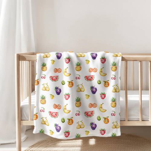 Cute Fleece Fruit Blanket. Kawaii Fruit. Strawberry, Banana, Orange, Peach, Grape, Pineapple, Cherry, Watermelon, Kiwi, Pear, Lemon.