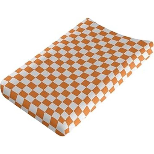 Orange and White Checkered Changing Pad Cover for Baby Girls Boys Cartoon Breathable Diaper Change Table Sheet Soft Stretchy Cute Change Table Mat Cover Fit 32x16
