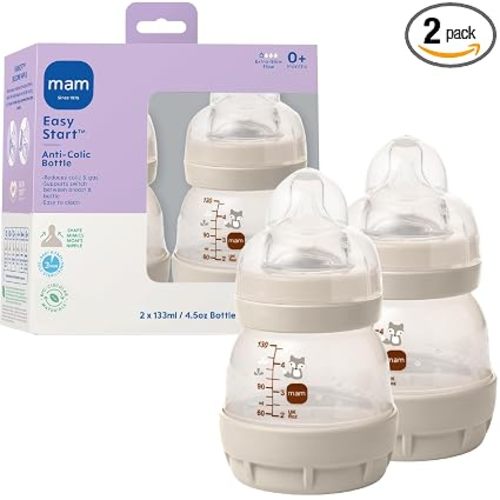 MAM 4.5oz Easy Start Anti-Colic+ Vented Baby Bottle, 0+ Mths, 2 Pk, Unisex | Extra Slow Flow Breastfeeding-Like Silicone Nipple,Dual Anti-Colic Bottle Reduces Colic, Gas & Reflux, Easy Clean, BPA Free