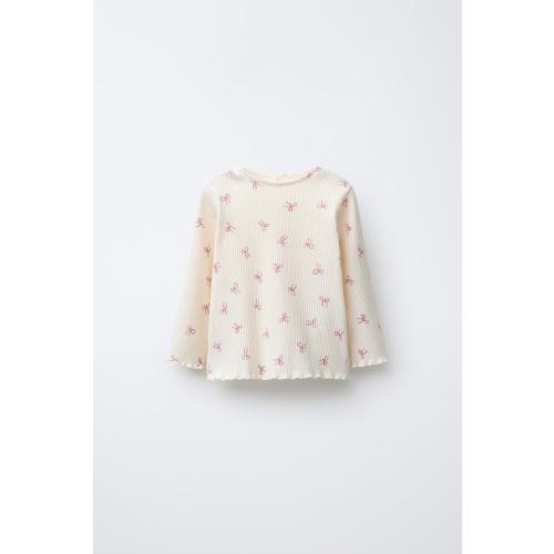 RIBBED SOFT TOUCH T-SHIRT WITH BOWS - Ecru | ZARA United States