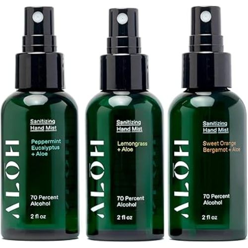 ALŌH Hand Sanitizer Spray Liquid 3-pack | Variety Pack | 70% Alcohol Hydrating Hand Sanitizer Spray with Essential Oil, for Kids & Adults | 2oz Travel Size Bottle (Set of 3)