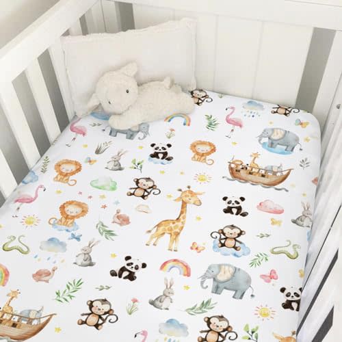 Baby Safari Animals Ship Rainbow Sun Crib Sheet 52''x28'' Zoo Animal Flower Leaves Snug Fitted Crib Mattress Sheet Boy Girl Lion Elephant Giraffe Panda Bed Sheet for Standard Crib Toddler Mattress