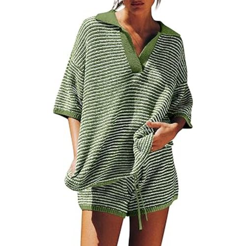 Tankaneo Womens Sweater Set 2 Piece Outfits Oversized 3/4 Sleeve V Neck Knit Tops High Waisted Shorts Lounge Sets