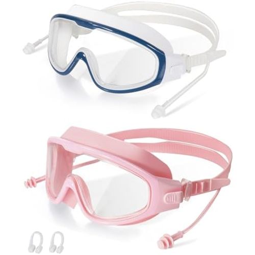 Adult Swimming Goggles,Leak-Proof,Anti-Fog Pool Glasses,Wide View Swim Goggles with Ear Plugs and Nose Clip