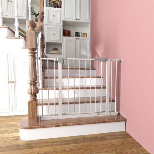 KTMBDW 29.5-45.3" Wide Baby Gate for Stairs, Dog Gate Indoor for Doorways, Pressure Mounted Pet Gates for Kids, Easy Walk Through Safety Gate, White