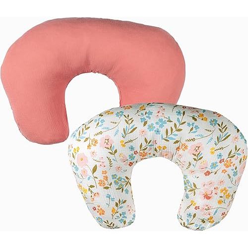 Nursing Pillow Covers, Cotton Muslin Nursing Pillow Covers, 2-Pack Breast Feeding Pillow Covers, Breastfeeding Essentials, Soft Nursing Pillow Cover Girl, Oeko TEX (Pink + Floral PillowCovers)