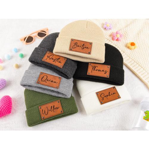 Personalized Baby Beanie: Engraved Leather Patch, Custom Name Knit Hat