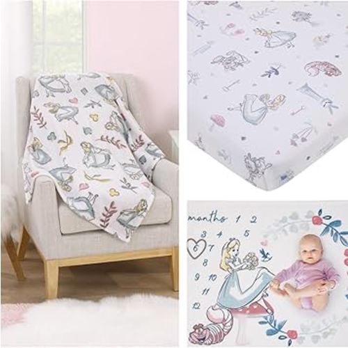 Disney Alice in Wonderland Baby Gift Set – 3-Piece Newborn Bundle with Mini Crib Sheet, Plush Blanket & Milestone Blanket Featuring Rabbit & Cheshire Cat