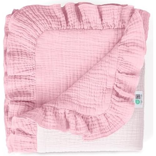 lulumoon Muslin Baby Blanket for Girls: Soft Breathable Cotton Crib Blanket with Ruffle - Lightweight Receiving for Wrap Newborn & Nursery Stroller 40"x36"(Light Pink)