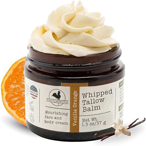 Hearth and Homestead: Handmade Whipped Tallow Balm (Vanilla Orange) - Organic Body Butter with Infused Olive Oil, for Eczema, Rosacea, Baby - 1.3 oz