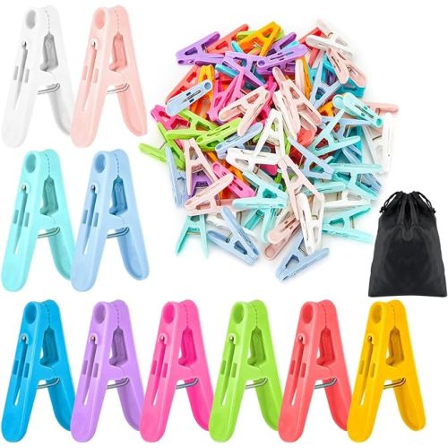 56 Pcs Colorful Clothespins, 4 Colors Spring Clips (2 Inch) Small Clothes Pin with Black Storage Bag - for Laundry, Drying Clothes, Home Use