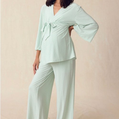 LAKE | Women | DreamModal® Pajamas | Parisian Green Pencil Stripe Maternity Kimono Bundle