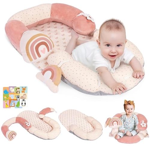 4 in 1 Tummy Time Mat with Educational Cards, Play Mat & Sitting Support for Newborn 0-12 Months, Infant Baby Sit Me Up Floor Seat, Sensory Skills Gifts, Rainbow