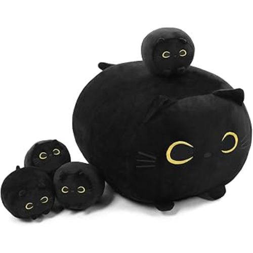 Black Cat Stuffed Animal Mommy Cat Plush Toys with 4 Squishy Baby in Her Tummy Soft Cute Hugging Pillows for Boys and Girls