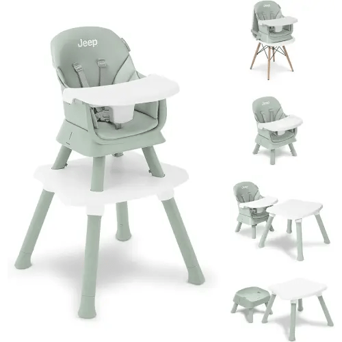 Jeep Milestone 6-in-1 High Chair by Delta Children - High Chair Converts to Stool, Booster Seat, Toddler Chair, Activity Table and Desk and Chair, Sage Green