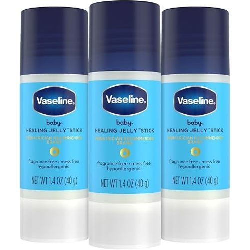 Vaseline Baby Healing Jelly Stick, Travel-Size Moisturizer 3-Pack – Fragrance-Free, Hypoallergenic Protectant for Baby’s Sensitive Skin, Diaper Rash, Chafing, 1.4 Oz Ea