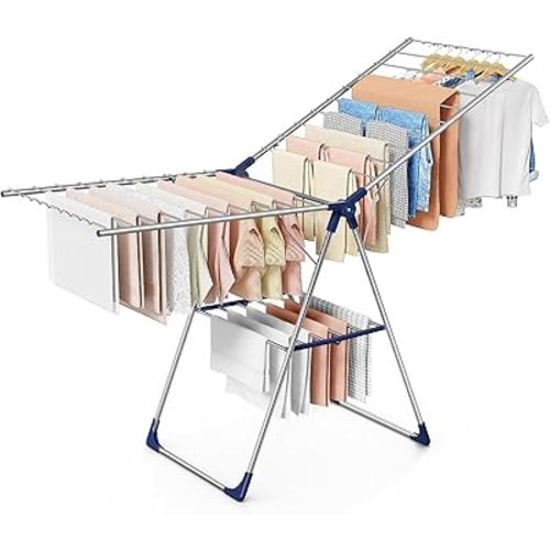 Sakugi Clothes Drying Rack with Height-Adjustable Wings, Metal Foldable Laundry Dryer Stand for Clothing & Bedding, Free-Standing Collapsible for Indoor & Outdoor Use, 69.5" L × 22.8" W, Silver Blue