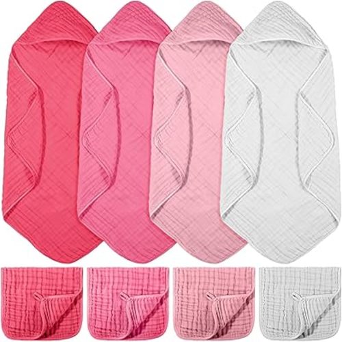 VitalCozy 8 Pcs Baby Muslin Hooded Bath Towels and Washcloths, 32 x 32 Inch Muslin Cotton Hooded Baby Towels Absorbent Blankets for Gift Newborn Infant Shower (Bright Colors)