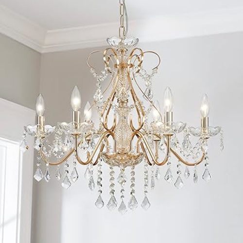 Saint Mossi 6 Light Crystal Chandelier Light Fixture Modern Chandelier Crystal Lighting, French Gold Crystal Raindrop Chandelier for Dining Room,Bedroom,Living Room, H23 x D24