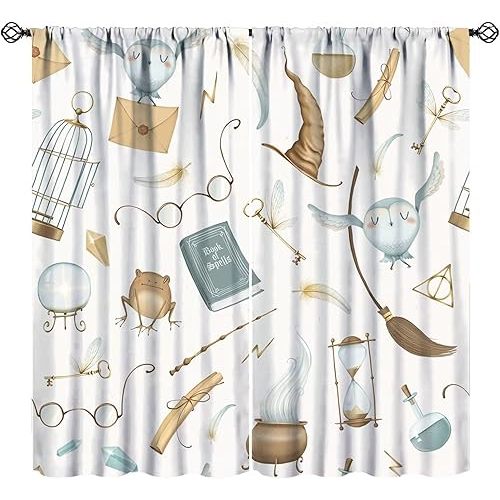 Kids Witchy Magical Curtains,Cute Book Hat Wizard Mysterious Owl Magical Pattern Drapes Window 2 Panel Rod Pocket Curtain for Bedroom Living Room Decor 20.5" W X 45" L No Blackout
