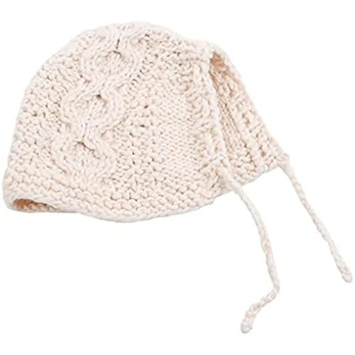 Hand Knit Organic Cotton Baby Bonnet - Hat with Ties 0-3 Months Natural