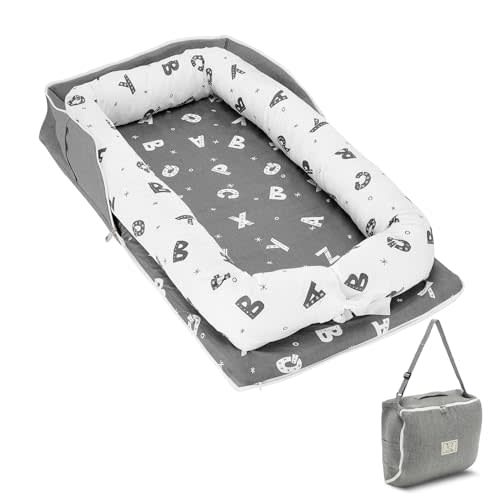 Baby Lounger, Baby Nest for Newborns, Portable Breathable Infant Lounger for 0-24 Months Adjustable Cozy Comfort - Letter Grey