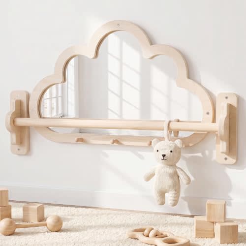 Montessori Baby Mirror with Pull Up Bar, Shatterproof Toddler Pull to Stand | Cloud-shaped wooden pull to stand toy gym, CPC safe infant gift for nursery wall, ages 6-18 months.
