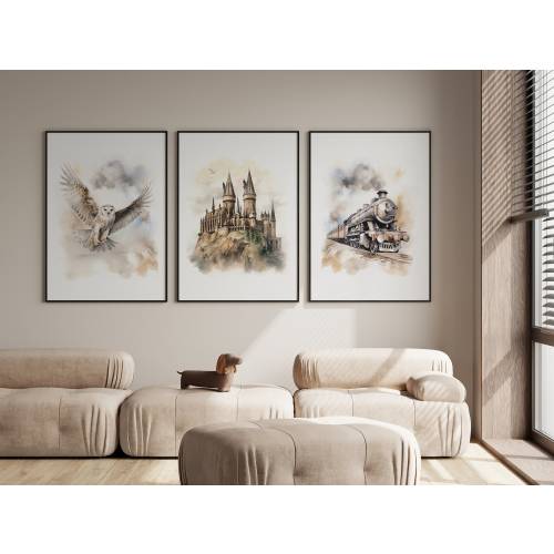 Neutral Wizard Nursery Print, Magical Owl, Castle, Train Poster, Printable Wizard Room Decor, Fantasy Magic Wall Art for Baby & Kids Room