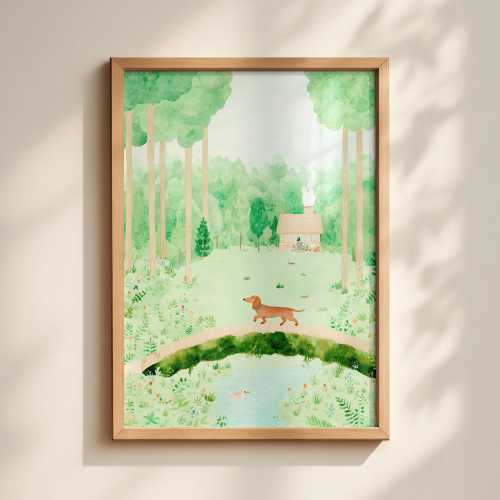 Dachshund Nursery Wall Decor – Cute Forest Dog Print – Gift for Sausage Dog Lover – Digital Download